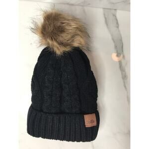 Belle Black Cable Knit Beanie Hat Faux Fur Pom Pom